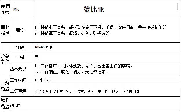 赞比亚：装修木工、装修瓦工
