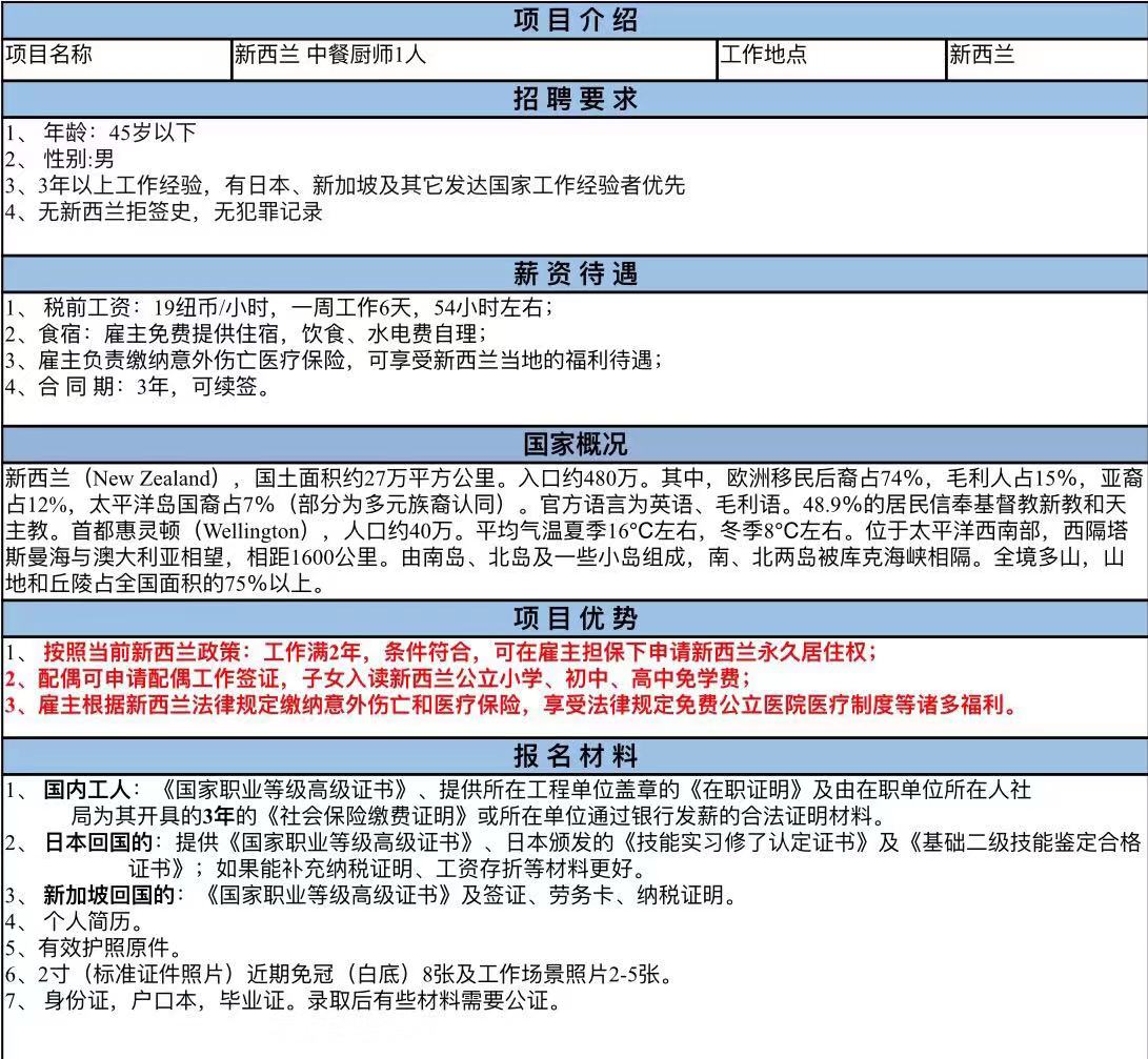 新西兰厨师招聘简章