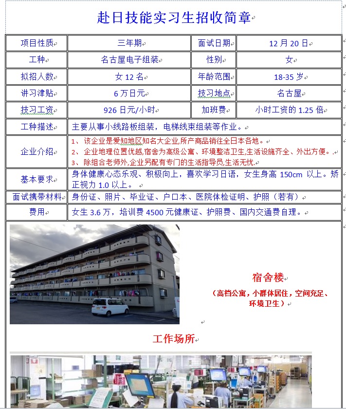 赴日本三年期女工近期面试招聘简章