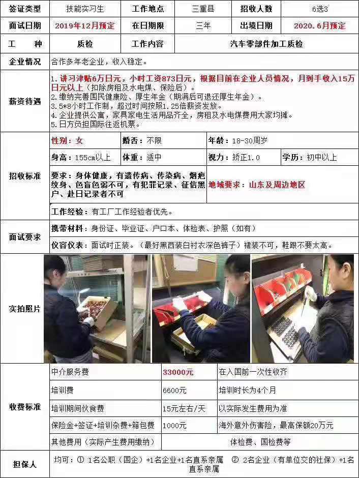 日本三年期女工电子、质检、加工类订单