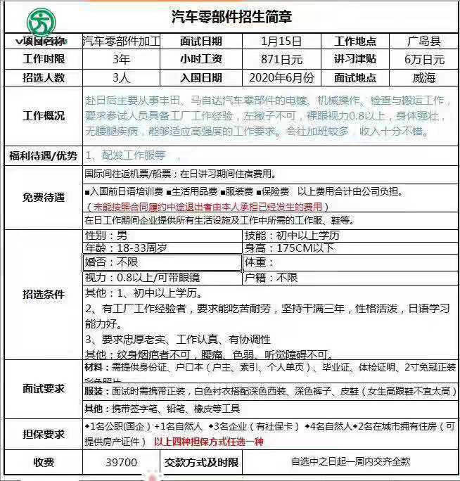 日本三年期女工电子、质检、加工类订单