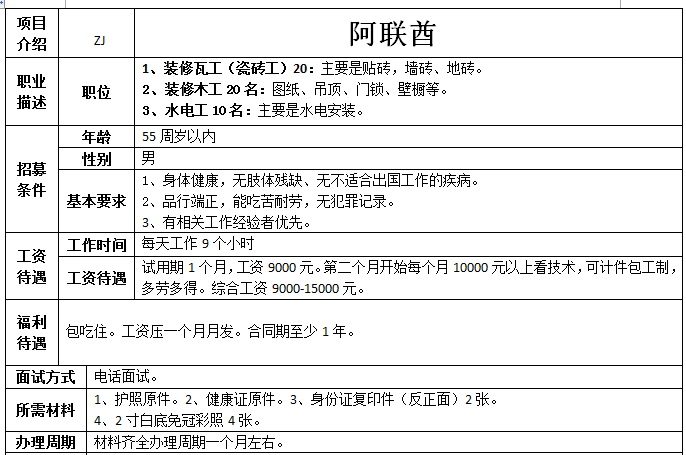 阿联酋木工、瓦工、水电工招工简章