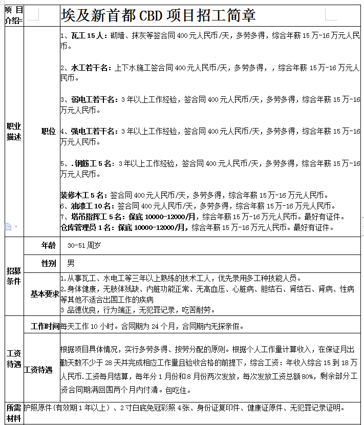 埃及新首都招工简章