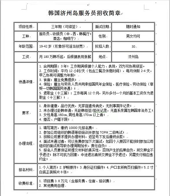 韩国济州岛服务员招工信息